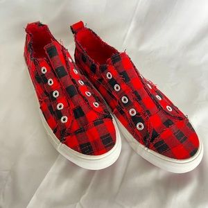 Corkys Womens Babalu Slip On Red Plaid Sneaker